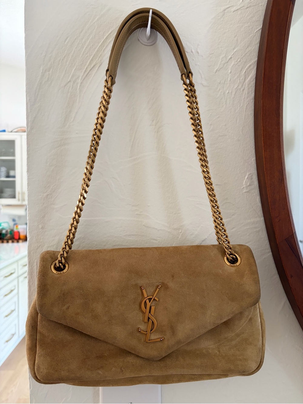 Saint Laurent Tan Suede Shoulder Bag with Gold Chain